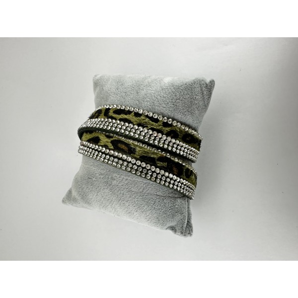 Haki Leopar Desenli Taşlı Bileklik